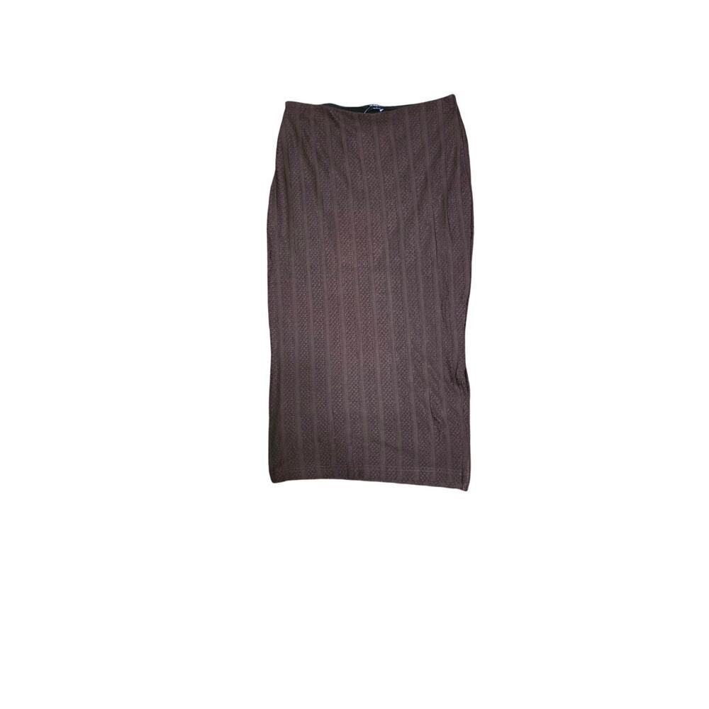 The Workshop Brown Textured Stretch Midi Skirt Lined Minimalist